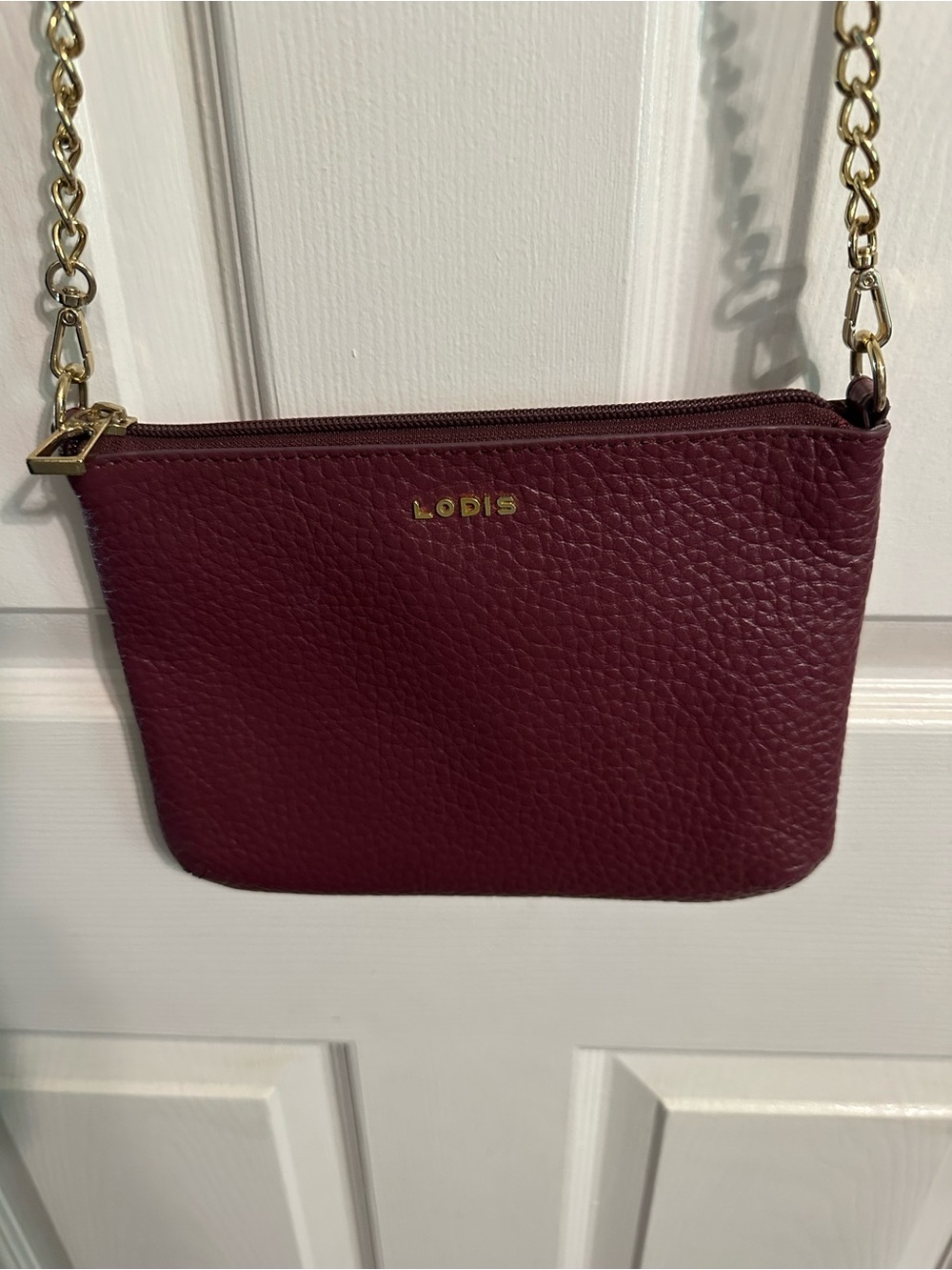 Lodis Pebbled Leather Crossbody in Wine with Gold Chain